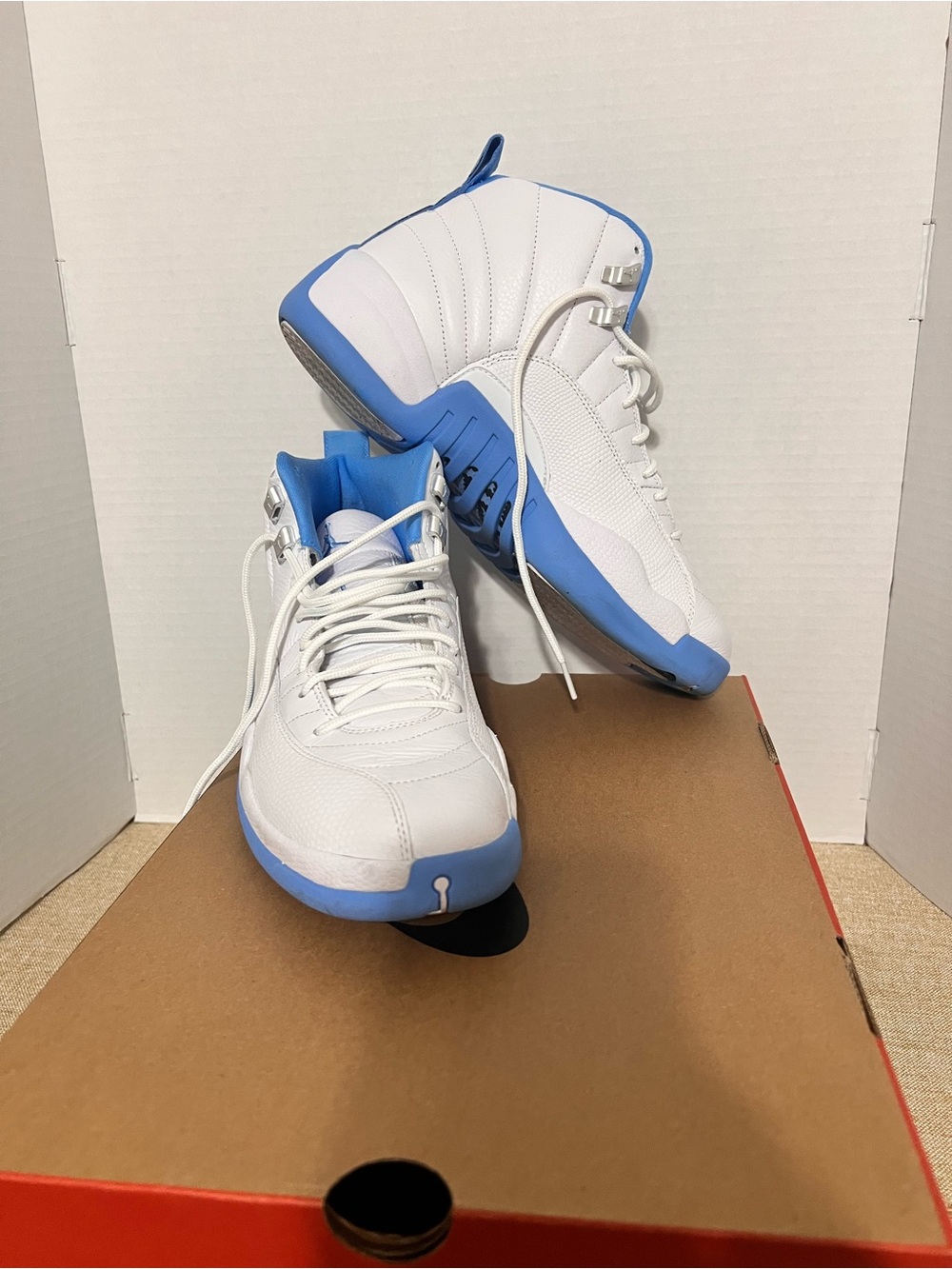Men Jordan 12 High White and Light Blue High-Top Athletic Sneakers